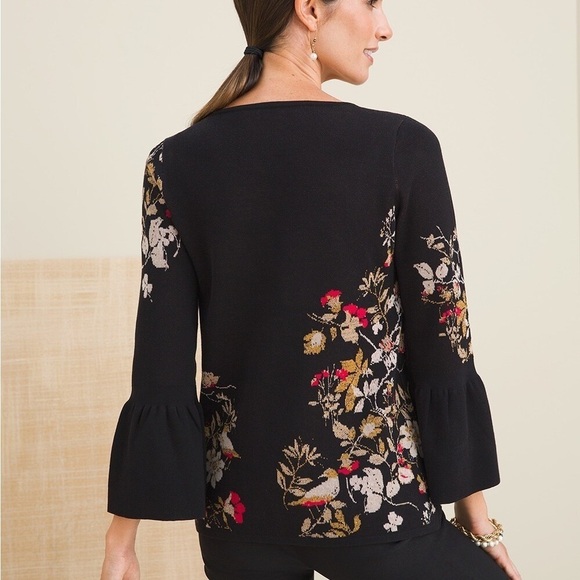 Chico’s Floral Bird Print Bell Sleeve Black Sweater - Large - Picture 5 of 14